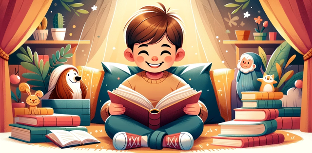 Illustration d’un enfant lisant une histoire générée par IA dont il est le héros